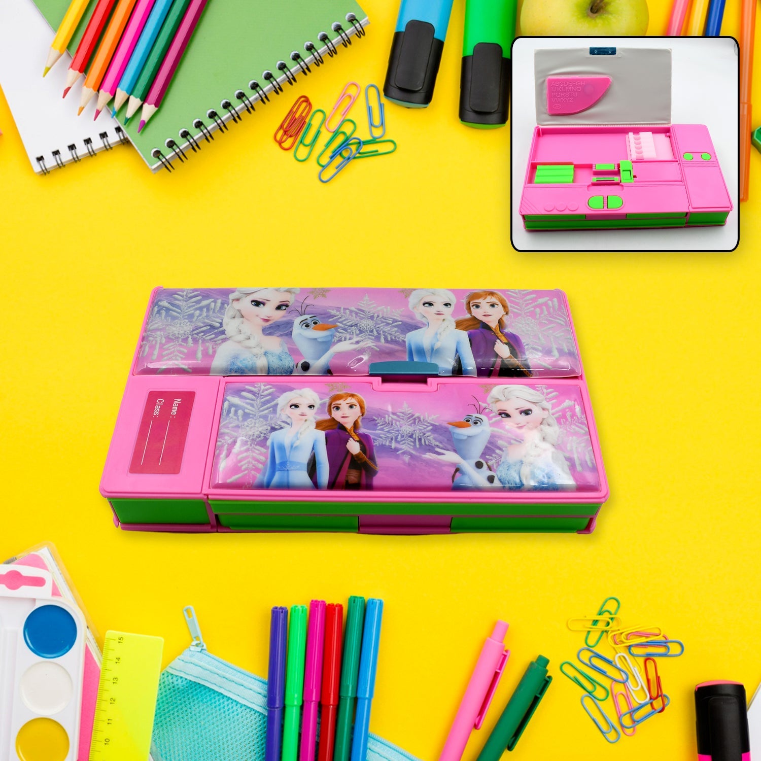 Versatile pencil box with calculator and geometry tools