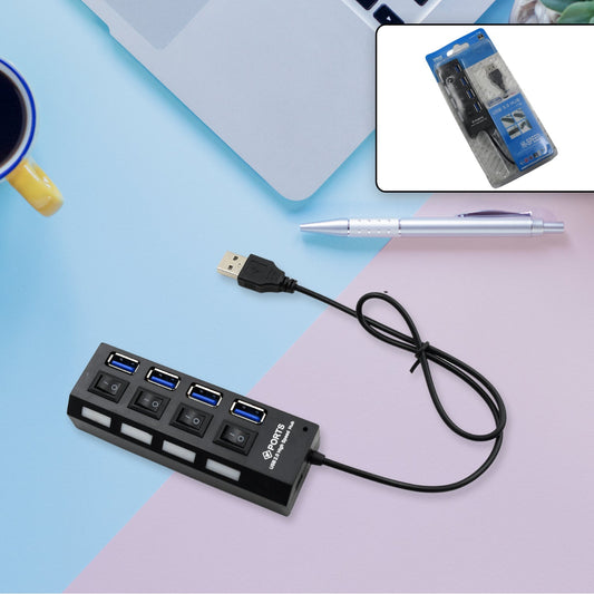 4-port USB hub with on/off switches and LED indicators