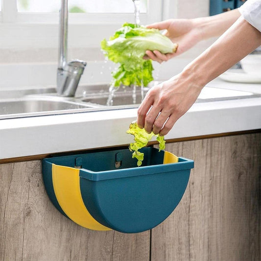 Space-saving wall-mounted trash can with adhesive hook.