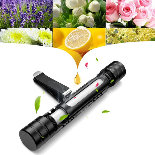 Car air perfume for AC vent, magnetic, rotating flow control, available in ocean, lavender, cologne, and lemon scents.