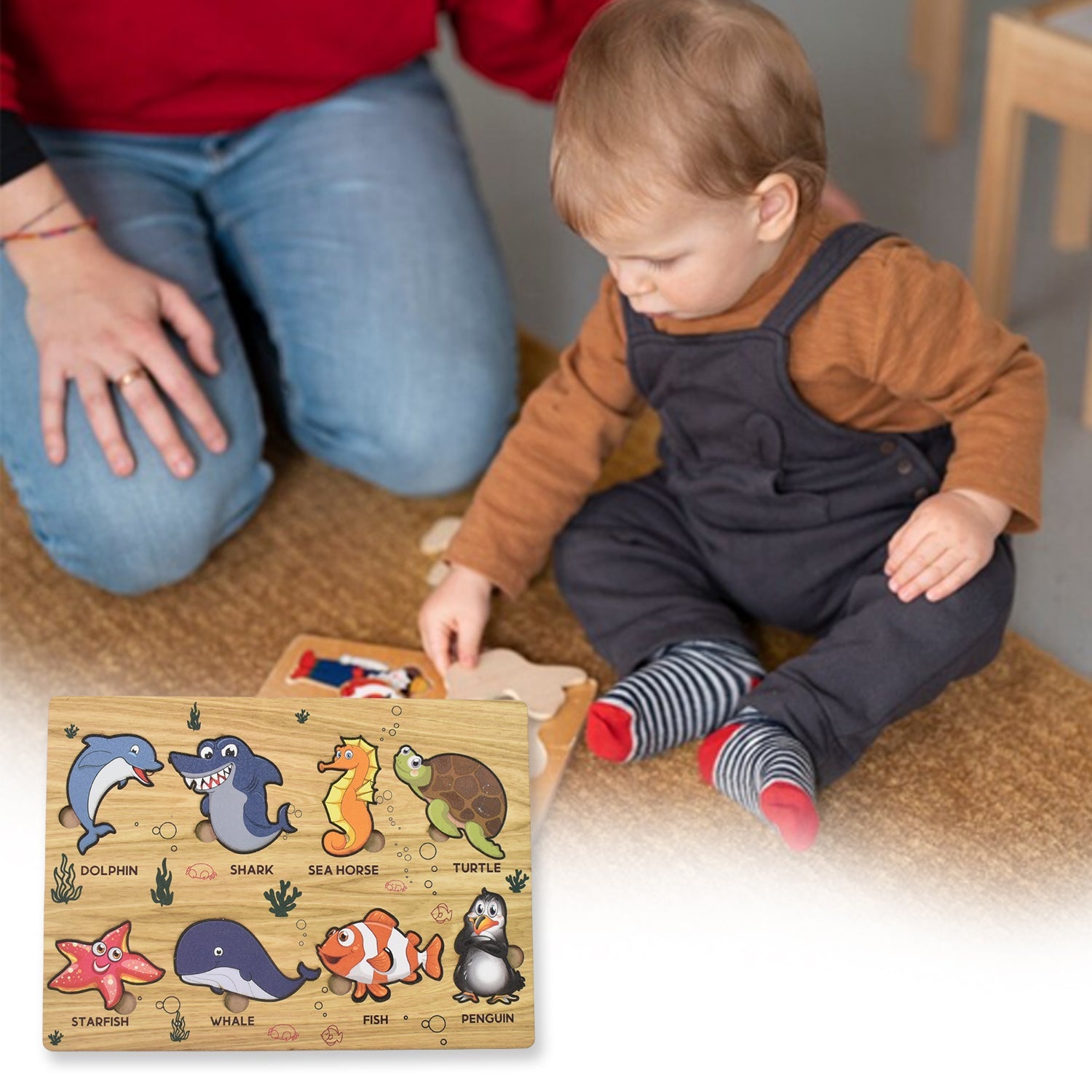 GEMEM Wooden Seawater Animal Puzzle Board