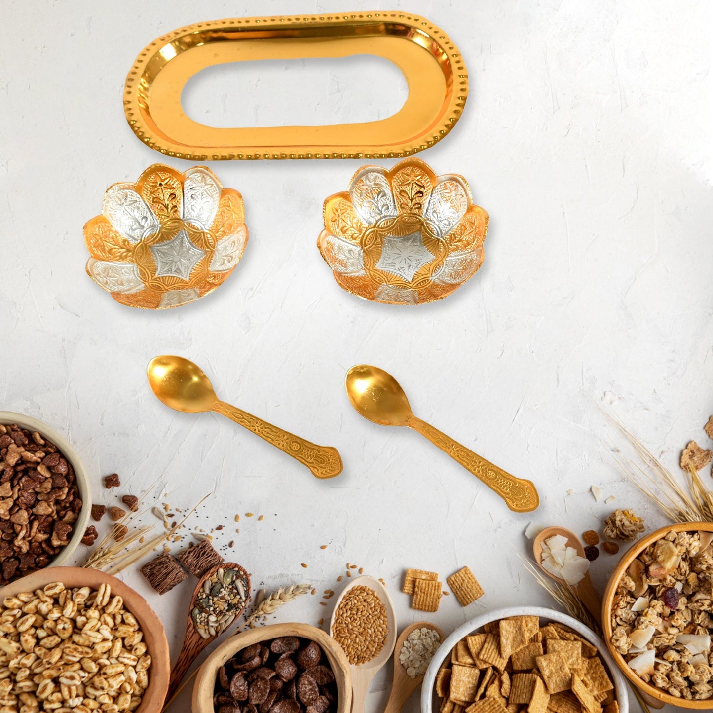 5in1 Gold Silver Plated 2 Bowl 2 Spoon Tray Set Brass with Red Velvet Gift Box Serving Dry Fruits Desserts Gift