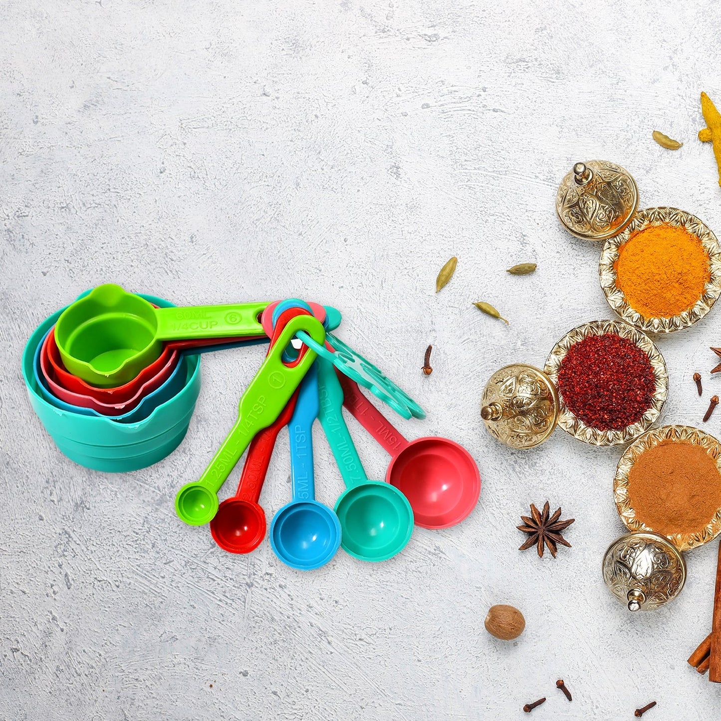 Measuring spoons and cups set in plastic for precise measurements