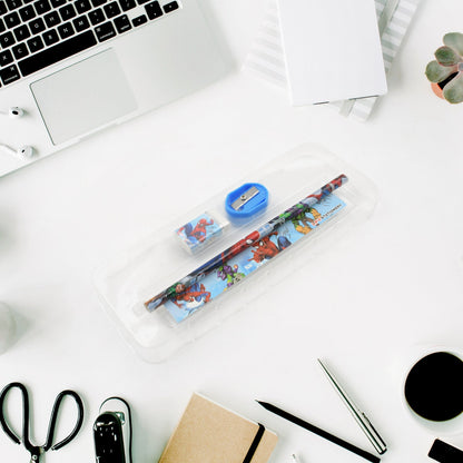 Car-shaped pencil case with compass, sharpener, eraser, and scale