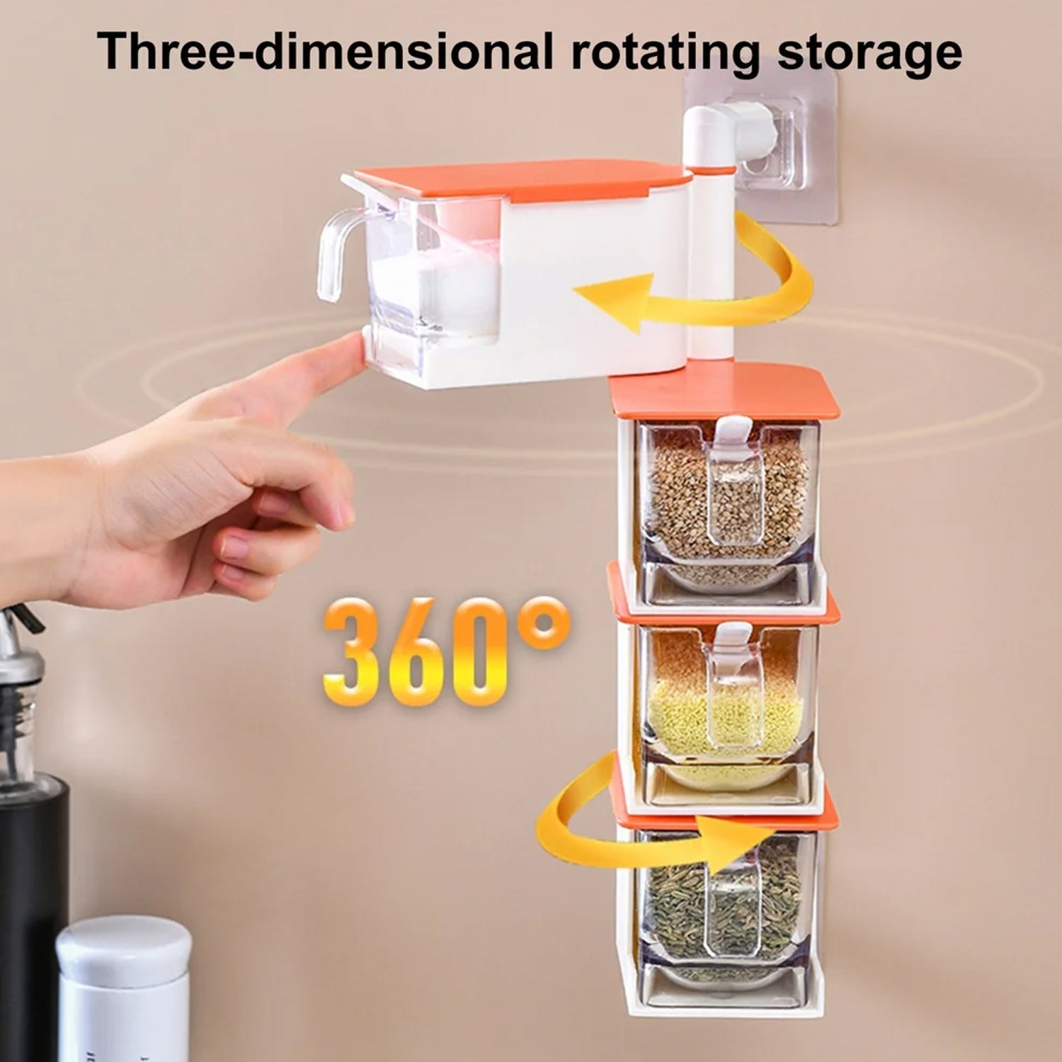 Spice jar rack, 4 layers, wall hanging, rotary storage with spoon.