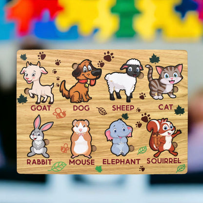 Wooden Animal Puzzle Learning Educational Board (1 Set / 28×20 Cm)