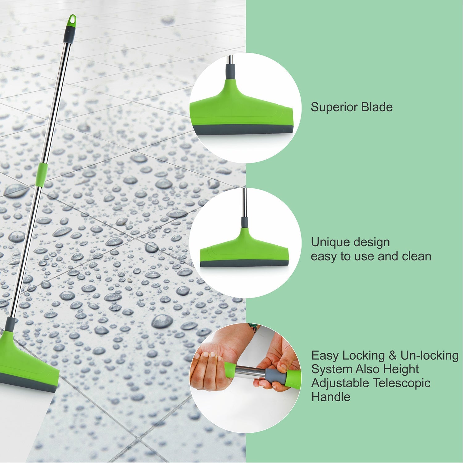 Stainless steel wiper with floor cleaning function.