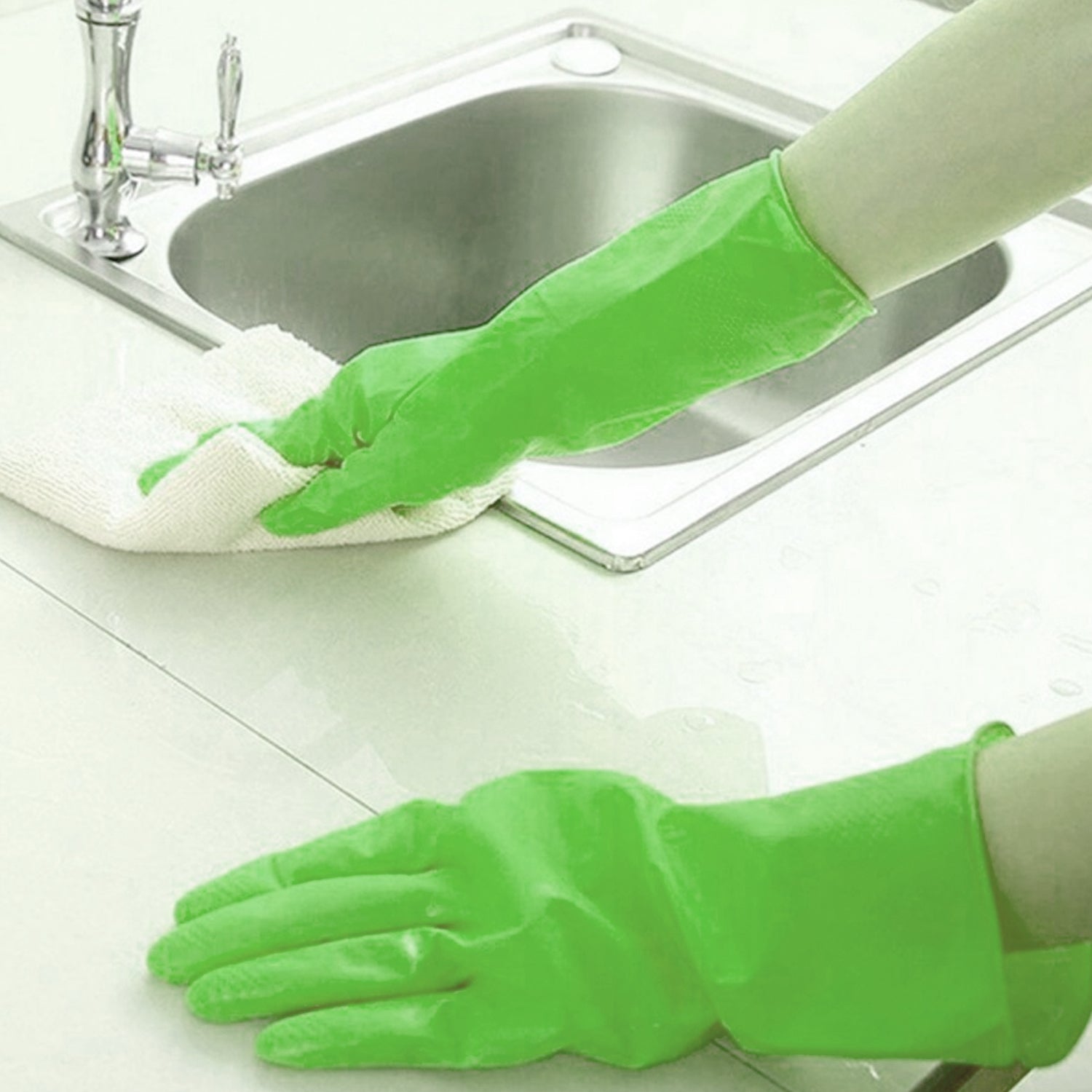 Green rubber gloves for various cleaning applications.