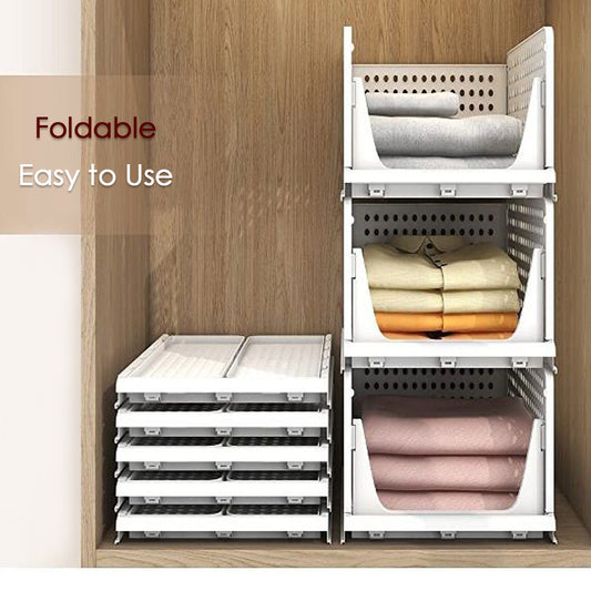 3-layer clothes organizer, foldable and stackable for efficient wardrobe storage.