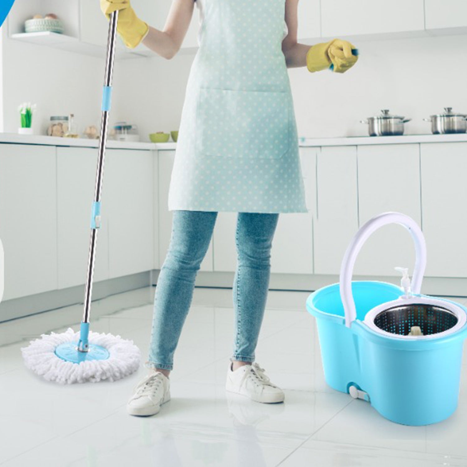 Ganesh floor cleaning mop set with 360-degree spinning bucket and absorbers, various perspectives.