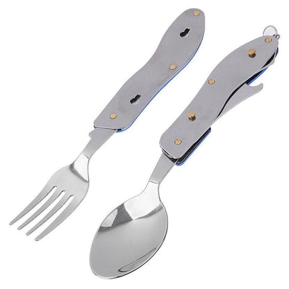 Stainless steel 4-in-1 travel cutlery set with folding spoon, fork, knife, and opener