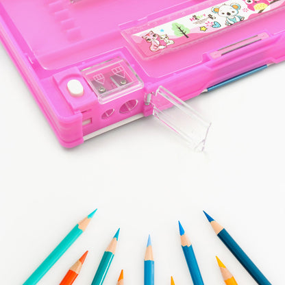 Kids' pencil case with multiple compartments and print