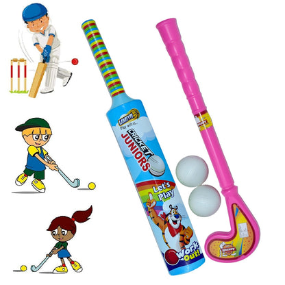 Different views of kid-friendly plastic bat, ball, and hockey set