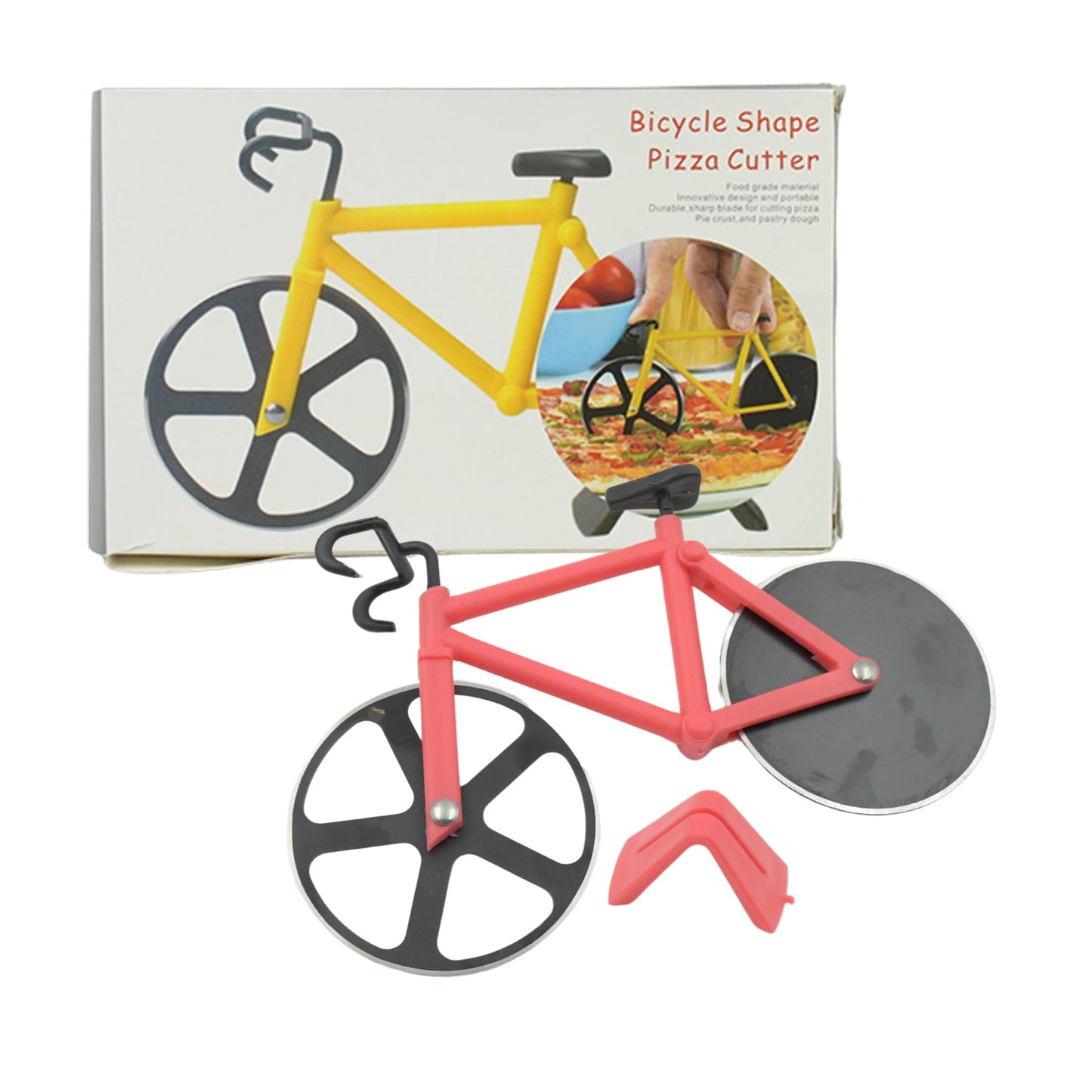 Bicycle pizza cutter with a durable handle and sharp stainless steel blade.