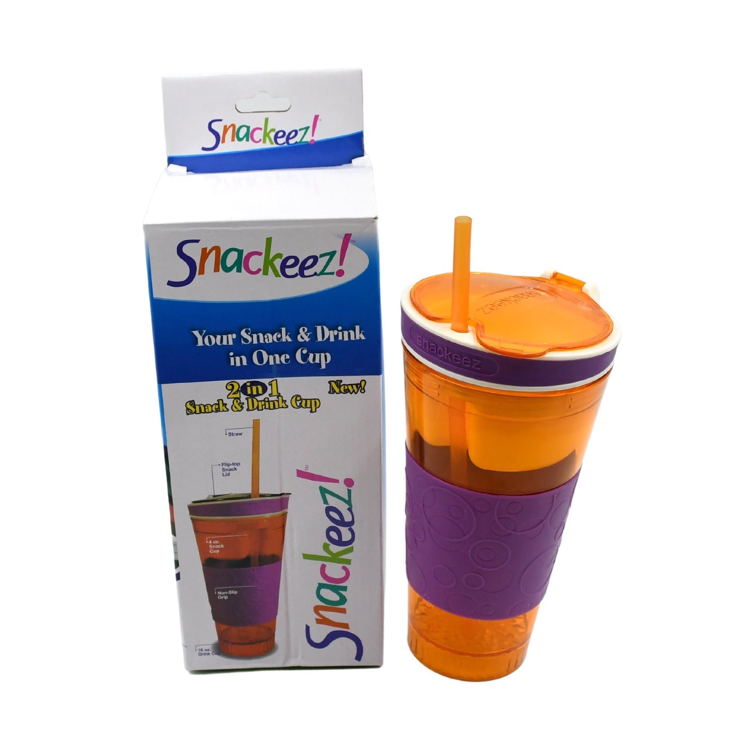 Multi-functional travel cup with snack compartment, perfect for snacks and beverages.