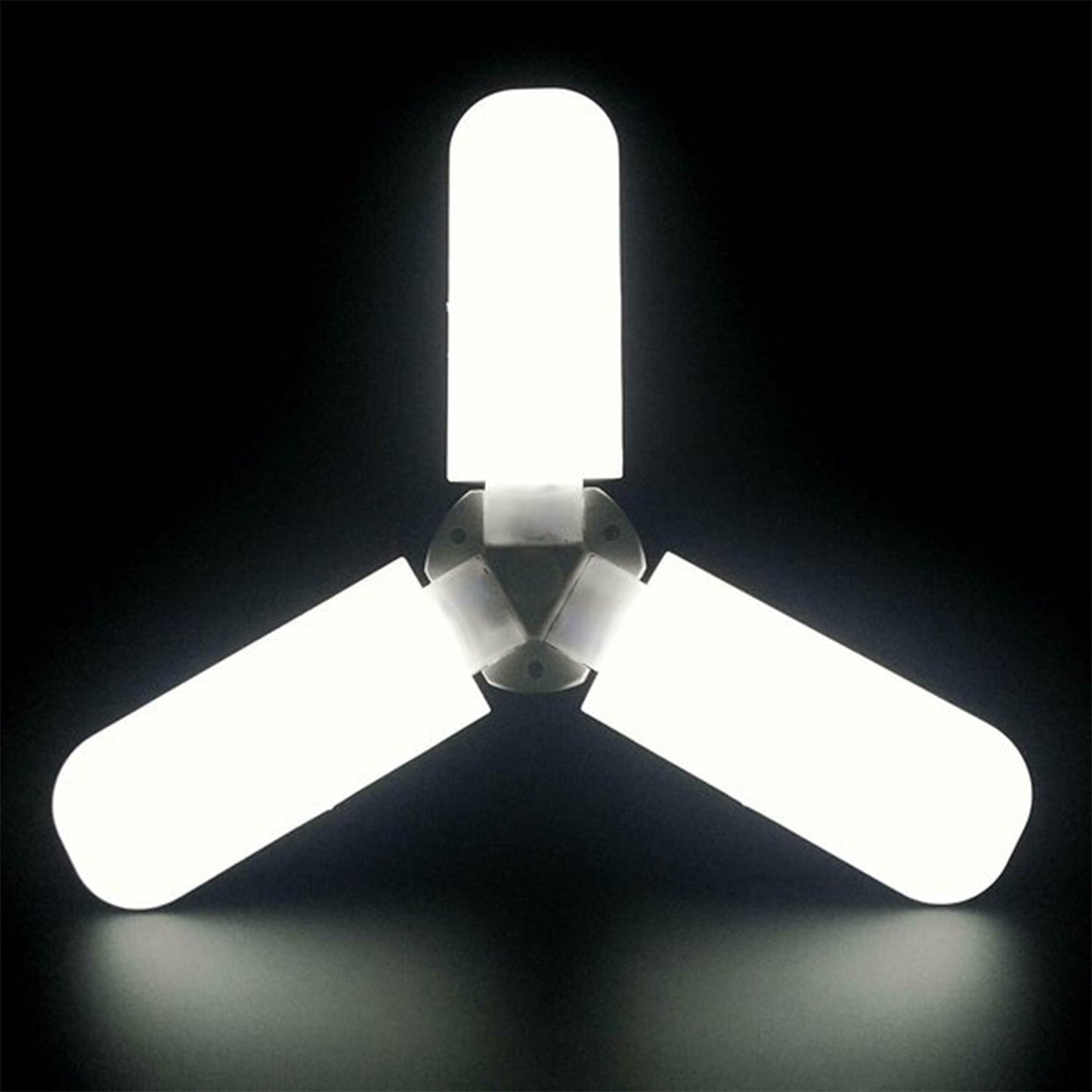 Fan blade LED light bulb mounted on ceiling, showcasing its sleek design.