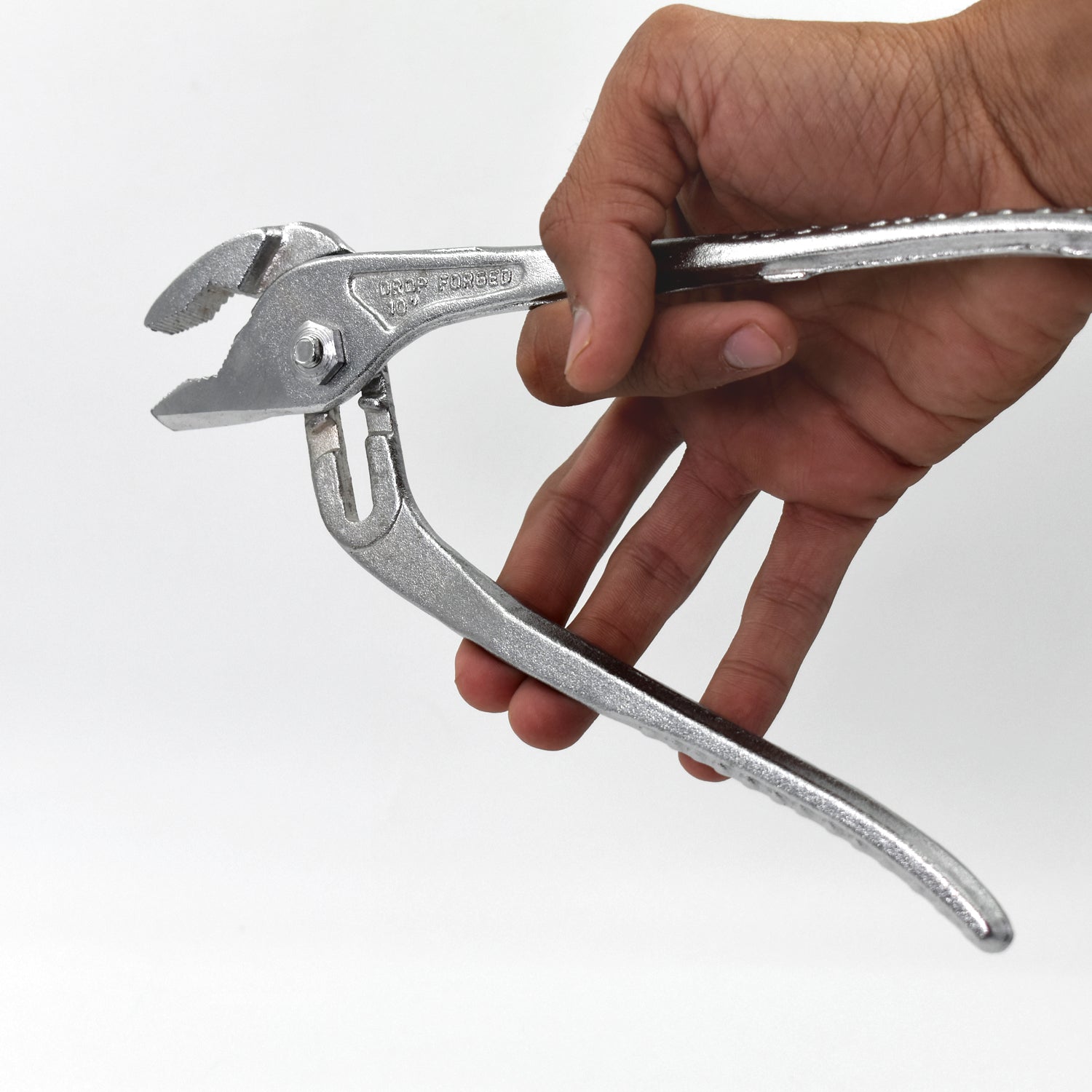 Slip joint adjustable plier for water pump tasks, chrome plated.