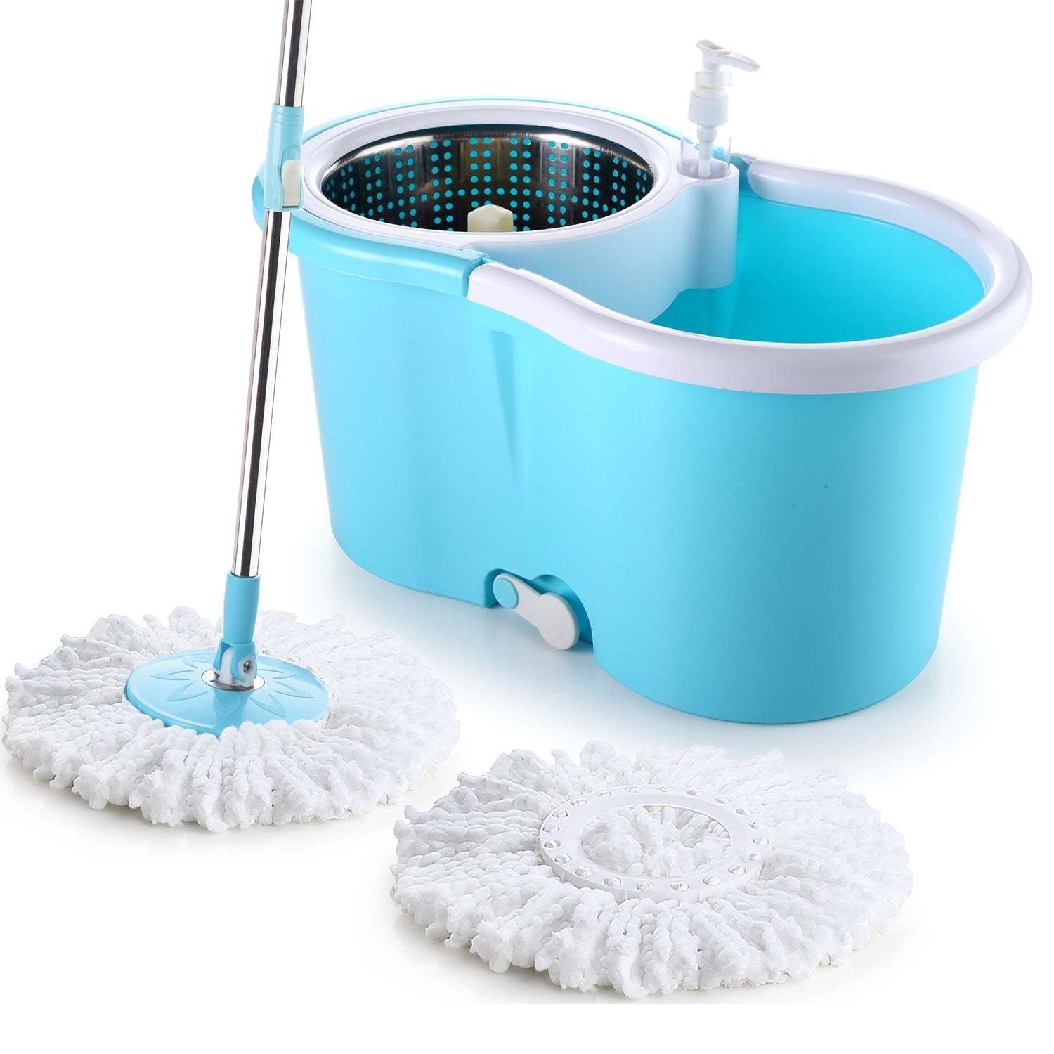 Steel spinner bucket mop with 360-degree wringing, self-spin feature, shown from multiple angles.