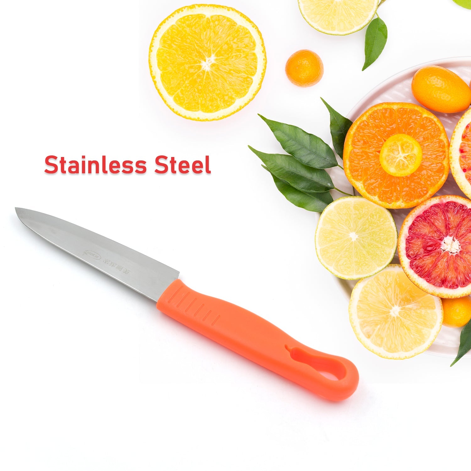 Kitchen knife with stainless steel blade and protective cover for safe use