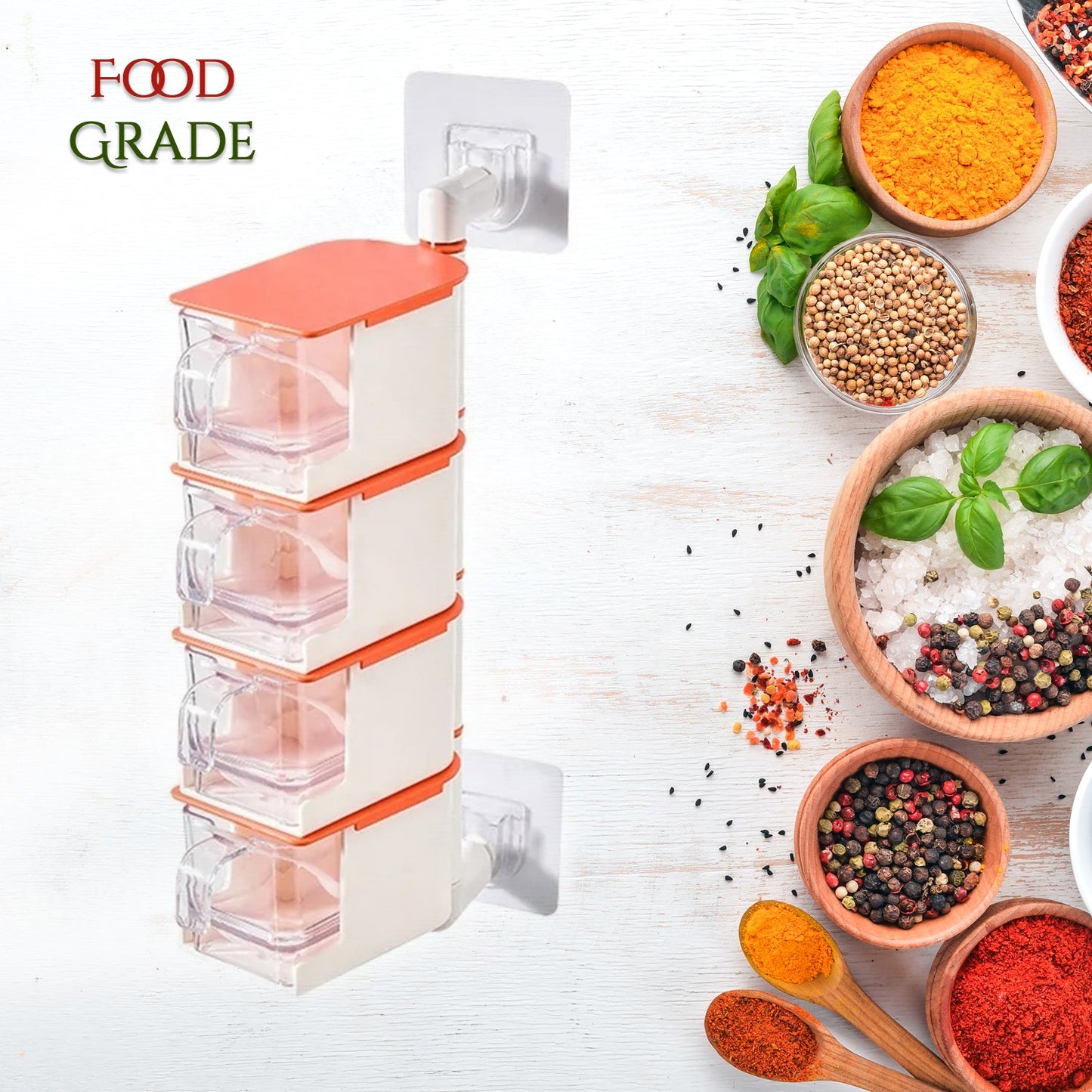 Creative rotary spice rack, 4 layers, wall-mounted, includes spoon for storage.