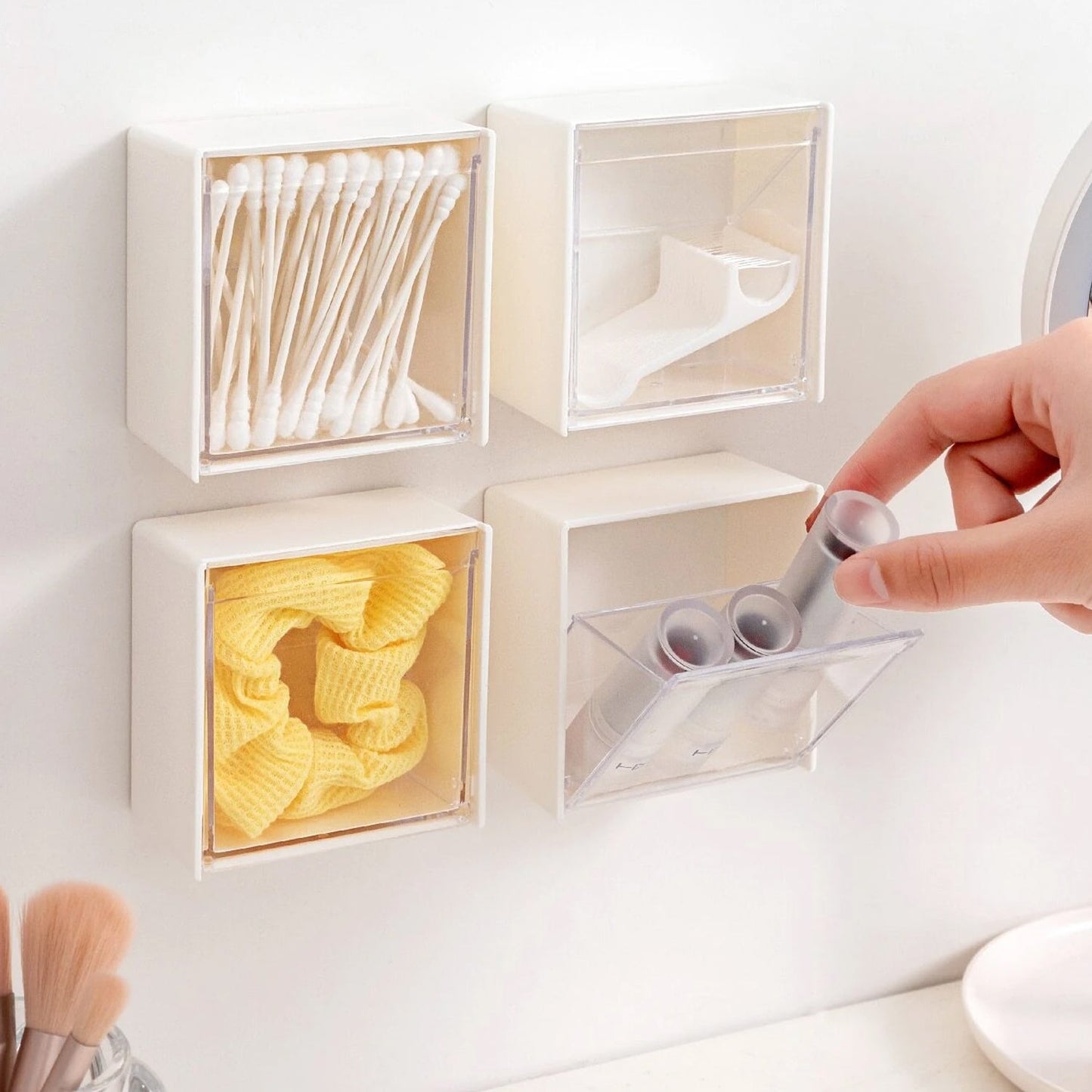 Adhesive storage box, wall-mounted, flip holder for small items