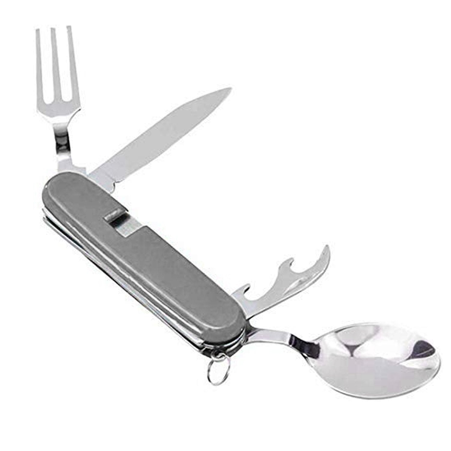 Multi-purpose stainless steel cutlery set with foldable tools for camping and travel