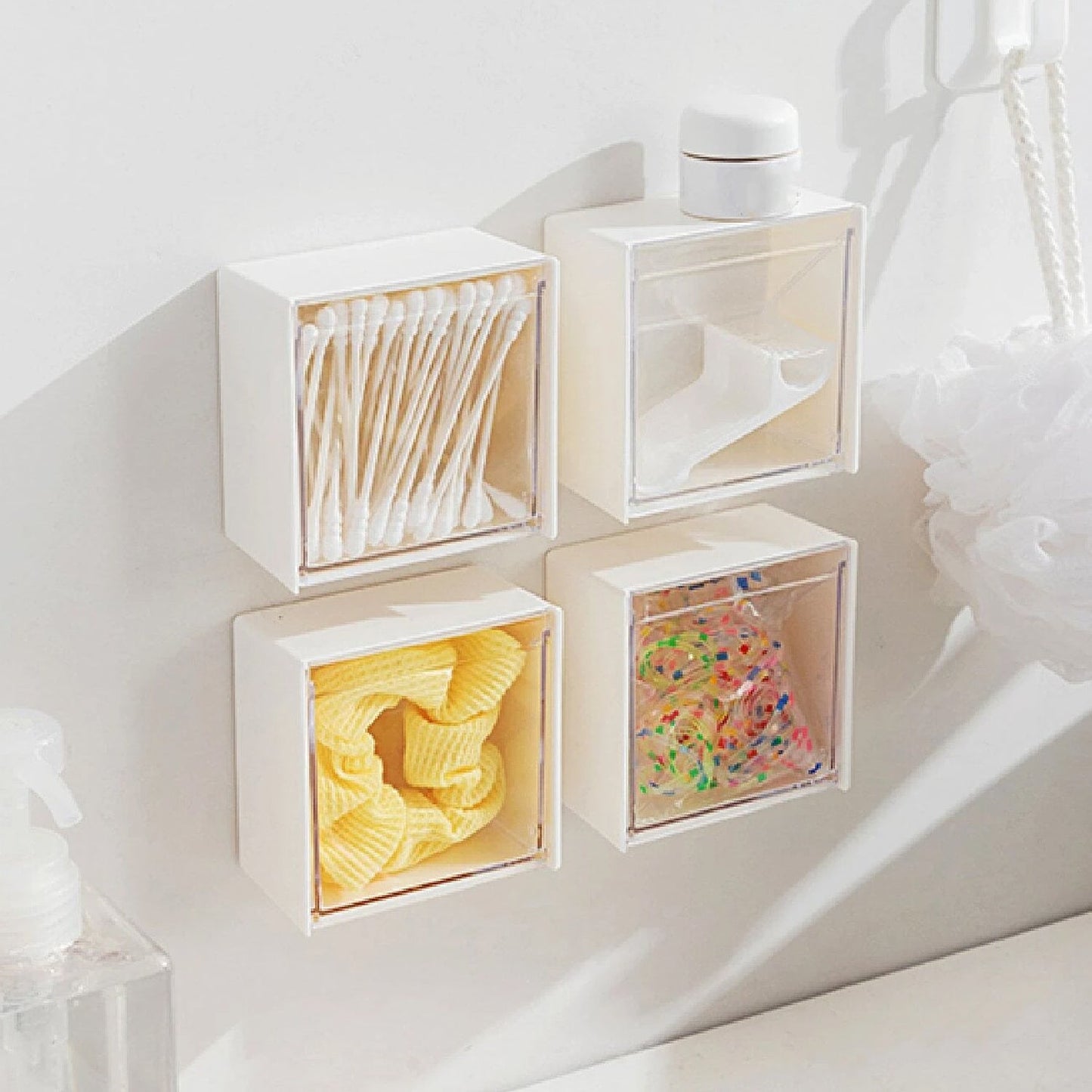 Adhesive flip storage box, wall-mounted, for small items