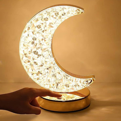 Crystal Table Lamp | Moon Shape Touch Control Lamp with 3 Color | Metal Bedside Lamp for Kids Bedroom Romantic Desktop Nightstand | Stepless Dimming USB Charging Touch Night Light