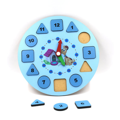 Wooden clock toy for kids, designed to teach time-telling skills.