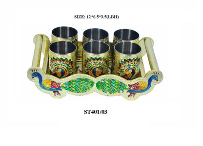 Handicraft serving tray with peacock motif