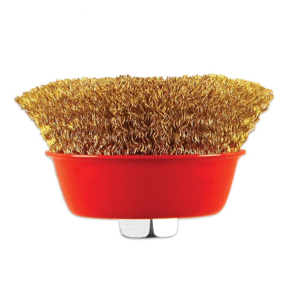 Wire cup brush in gold for effective cleaning.