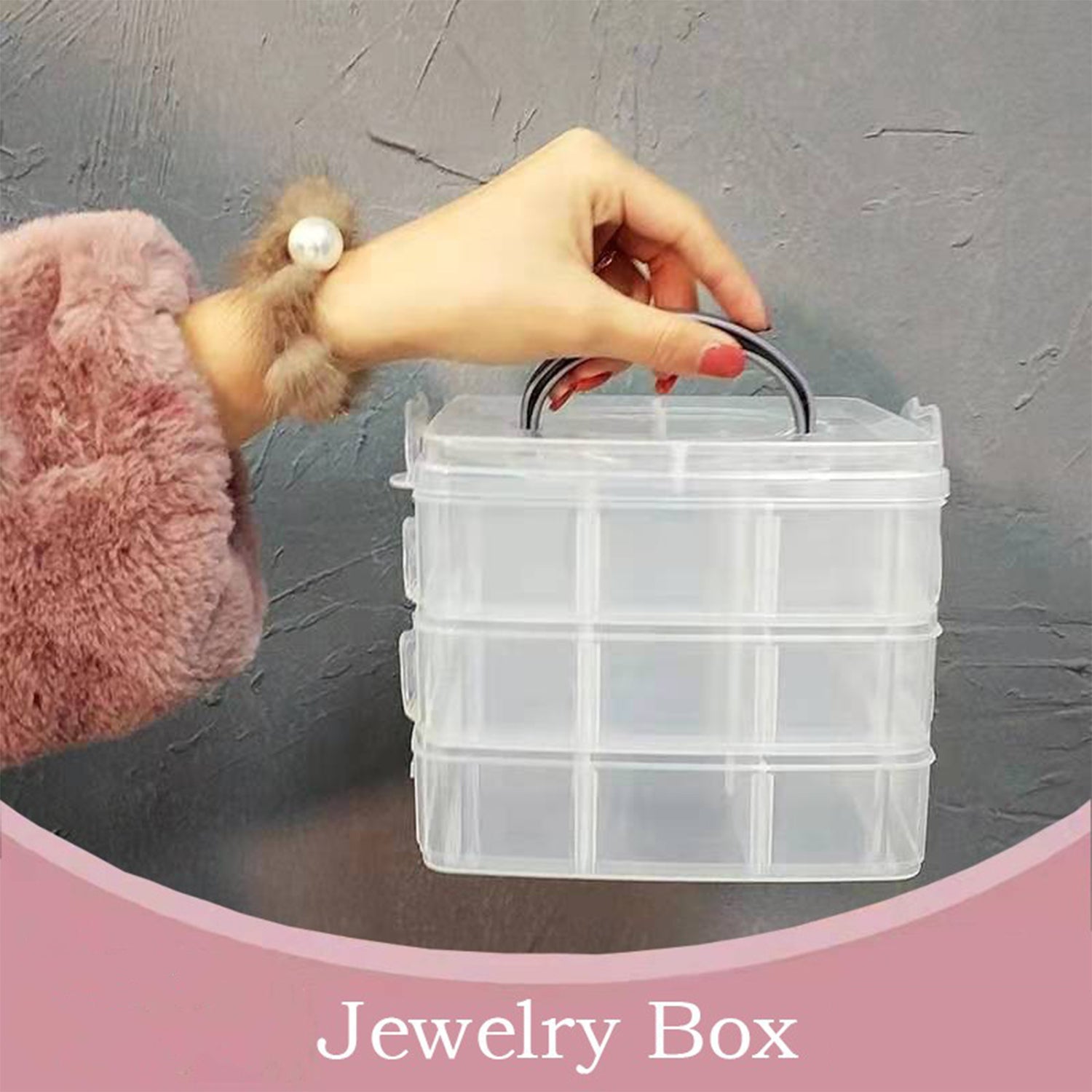 Transparent plastic storage box with 18 compartments and a 3-tier design for crafts and small items