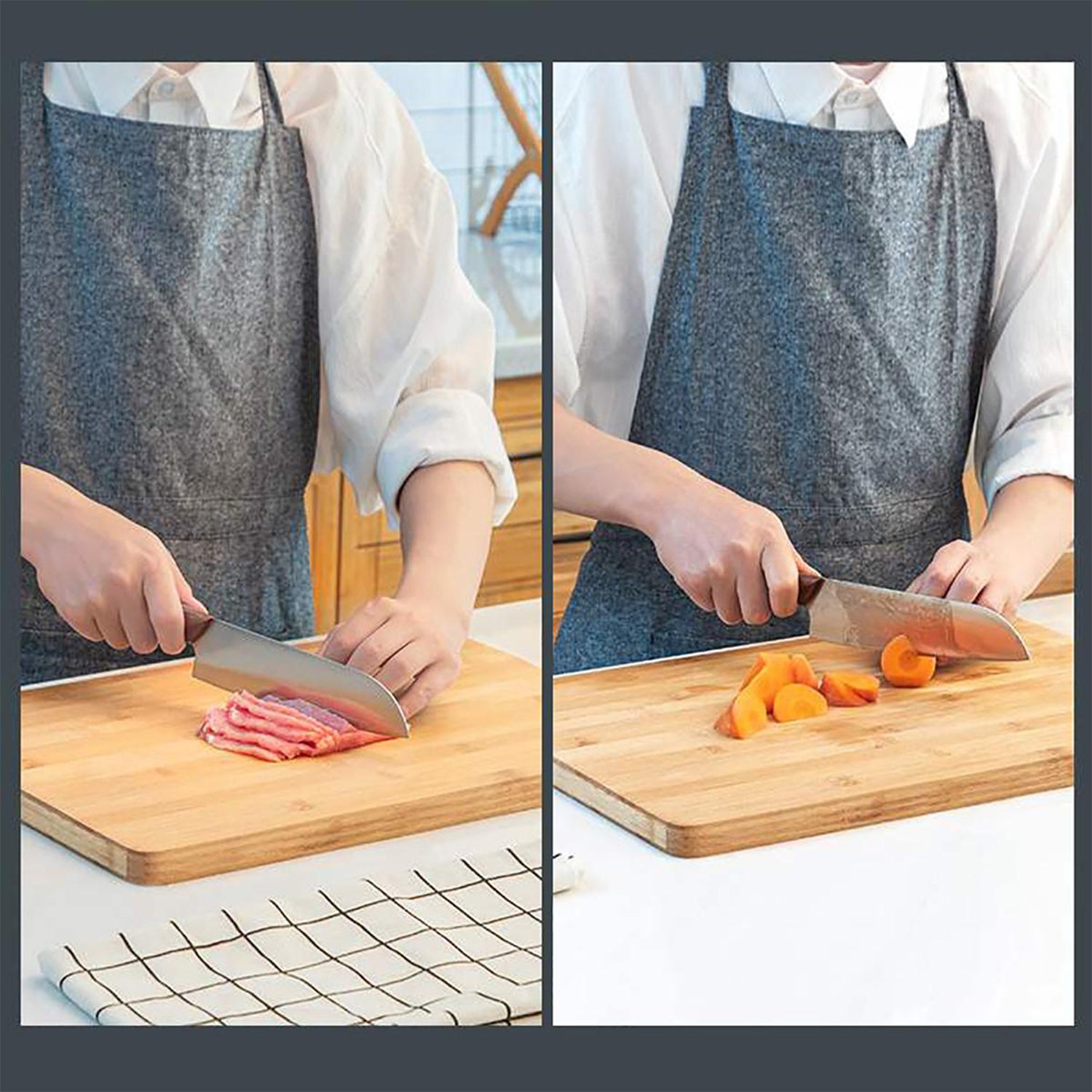 Wooden chopping board with non-slip base for stability.