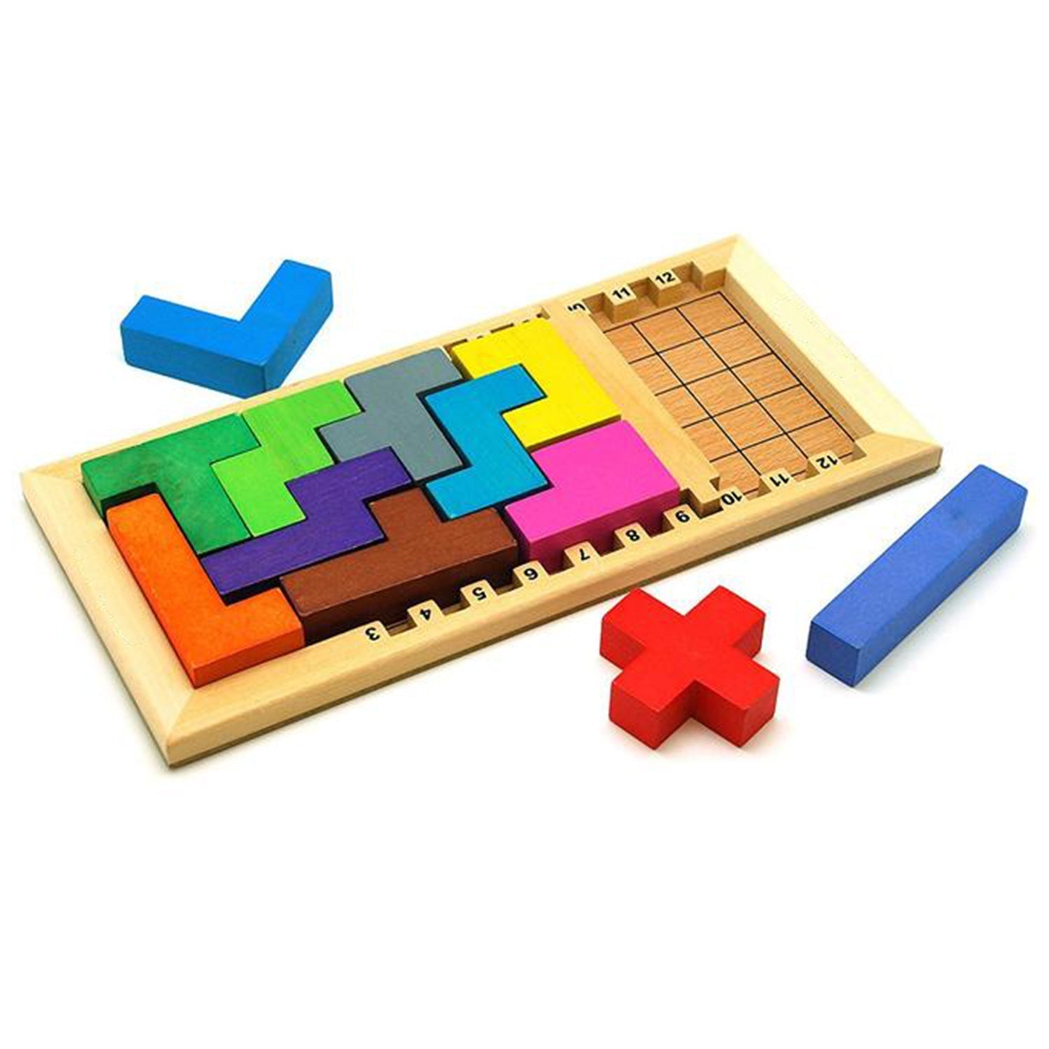 Wooden mind game with various pieces and layout for educational entertainment.