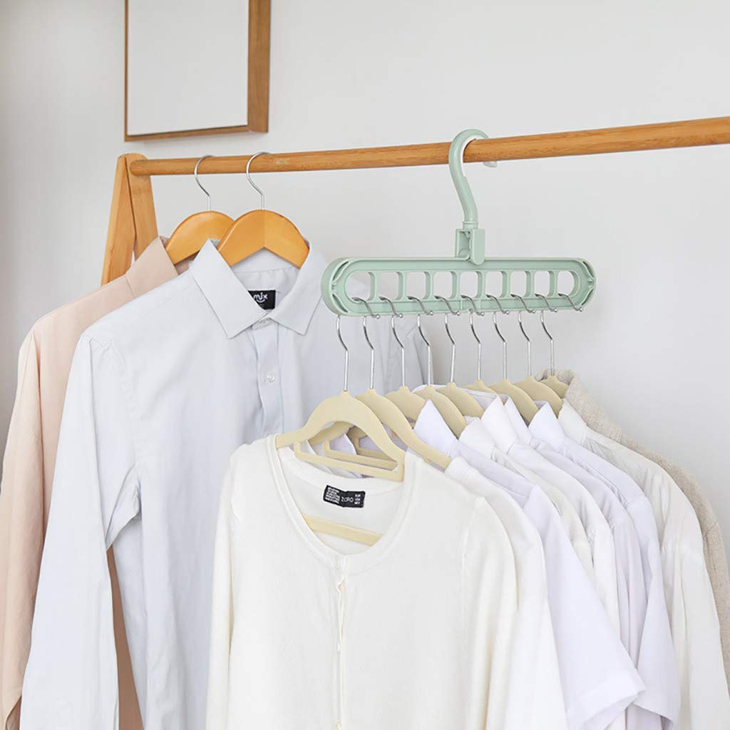 Multiple plastic wardrobe hangers with nine holes for versatile use.