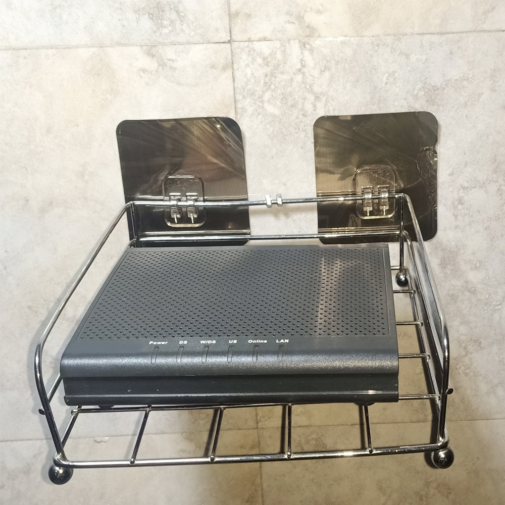 Stainless steel wall stand for securing set-top boxes.