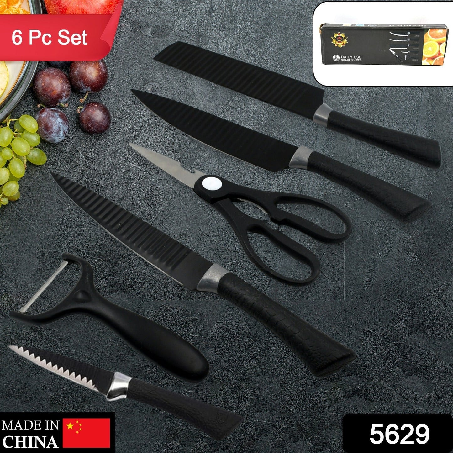 6 Pieces Professional Kitchen Knife Set, Meat Knife, Chef's Knife with Non-Slip Handle for Home, Kitchen and Restaurant with Chef Peeler and Scissor (Stainless Steel / 6 Pcs Set)