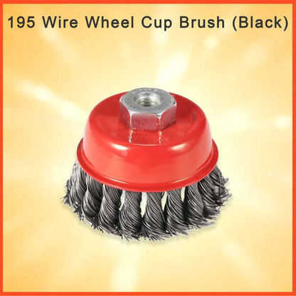 Wire cup brush in black for versatile cleaning.