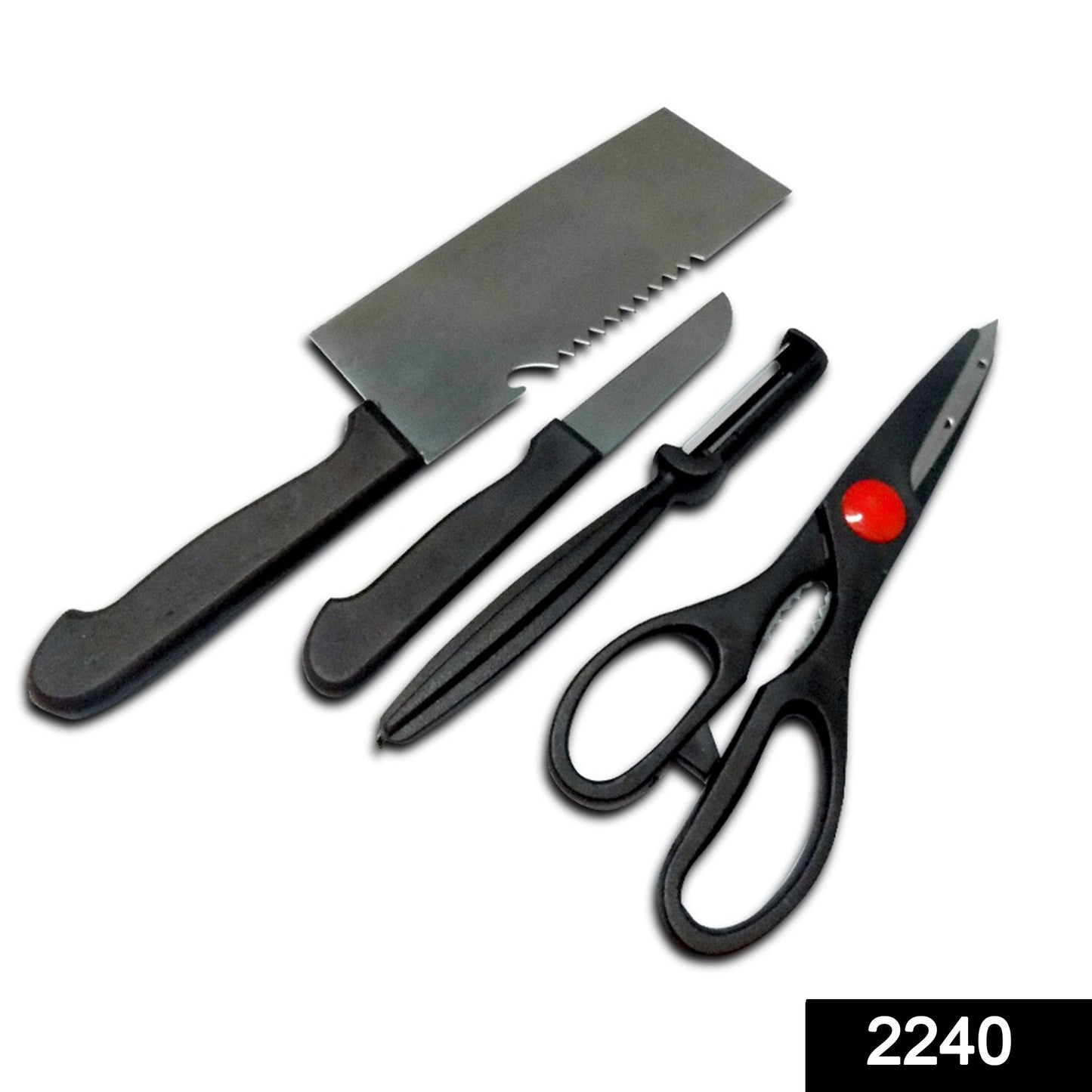 Kitchen tool set with butcher knife, standard knife, peeler, and scissors with SKU code.