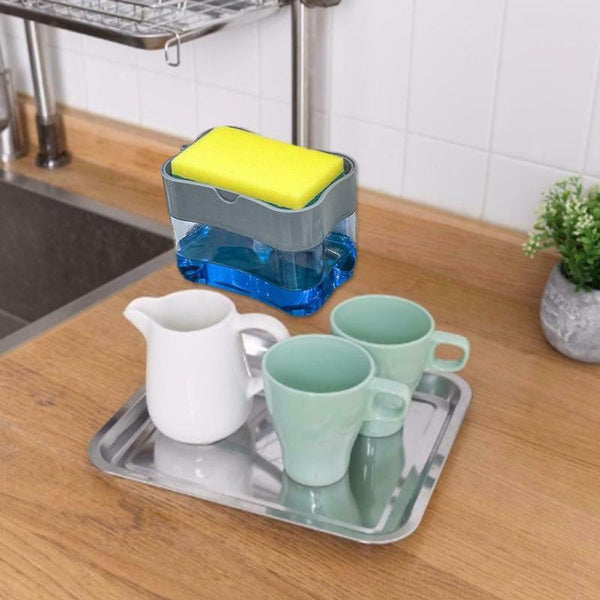 Compact countertop soap dispenser with sponge storage