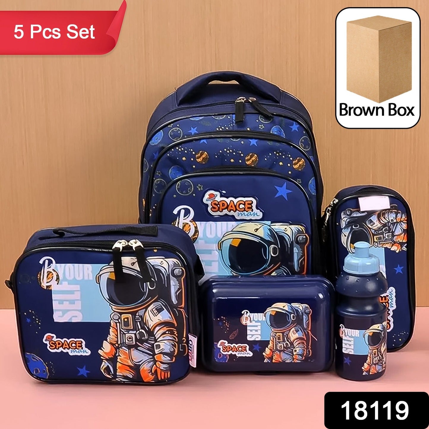 5 in 1 School Bag Includes lunch bag, 14 inch School Bags, water bottle & pencil case in box packing (1 Set / Mix Color))