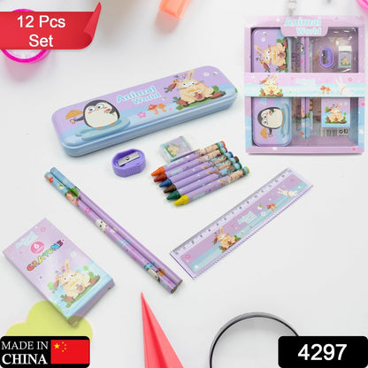 School Supplies Stationery Kit with 1 Pencil Box Case 2 Pencils 6 Crayon Colors 1 Ruler Scale 1 Eraser 1 Sharpener Stationary Kit for Girls Pencil Pen Book Eraser Sharpener Crayons - Stationary Kit Set for Kids Birthday Gift (12 Pc Set)