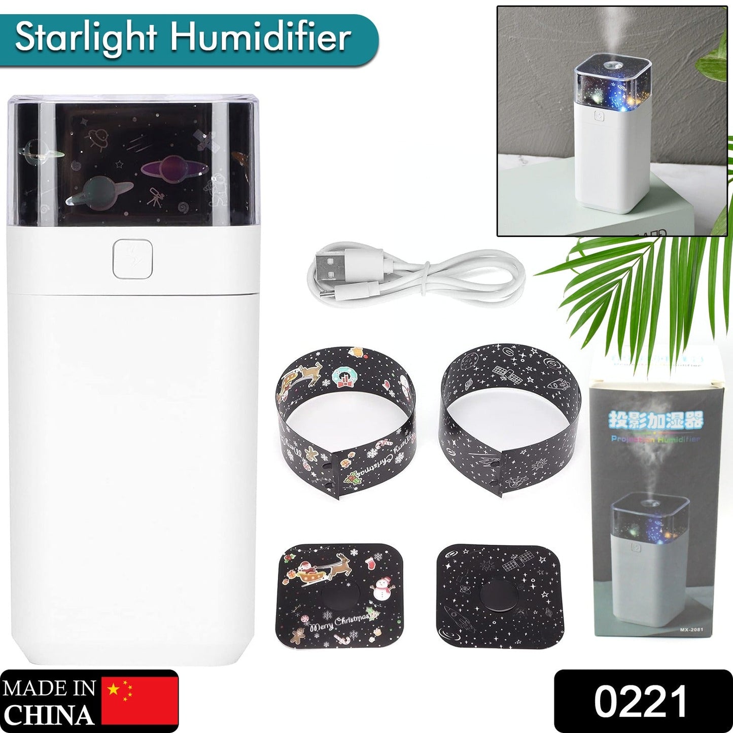 Ultrasonic star projector humidifier with night light