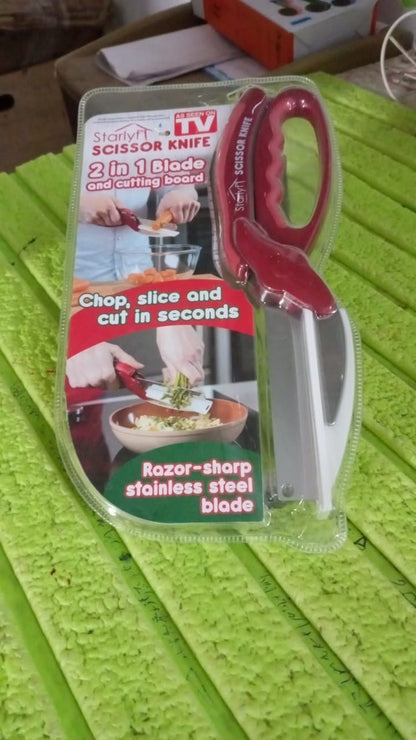 2 in 1 Kitchen Knife Scissor with Spring Locking Hinge and Chopping Board (1 Pc / With Card Packing)