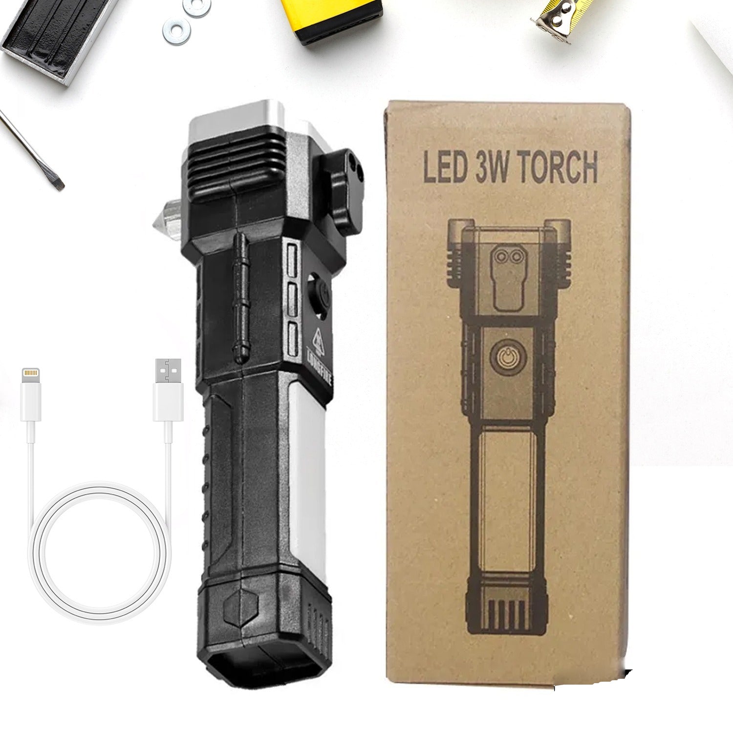 Multi-mode LED torch with strong magnets and emergency tools.